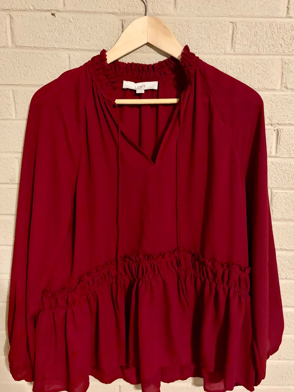 LOFT Deep Burgundy Ruffle-Peplum Long Sleeve Blouse